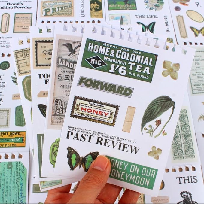 488PCS Vintage Scrapbook Stickers, 50 Sheets Precut Washi Stickers Book for Journaling, Green Ephemera for Junk Journal Supplies, Scrapbooking, Bujo, Collage, Adults Crafts Arts