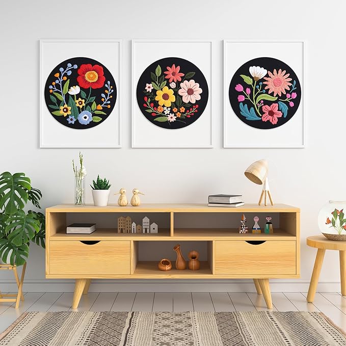 louise maelys 3 sets flowers embroidery kits for beginners,cross stitch kit for adults,crewel starters needlepoint with floral pattern,hoop,threads and instruction
