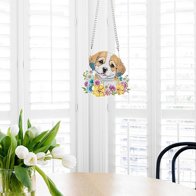 AiYuanzsh DIY 5D Animal Dog Diamond Art Painting Kits Hanging Sign Wall Art Flower Sign Diamond Art Window Hanging Ornament Window Pendants Home Garden Wall Door Hanging Diamond Painting Kits