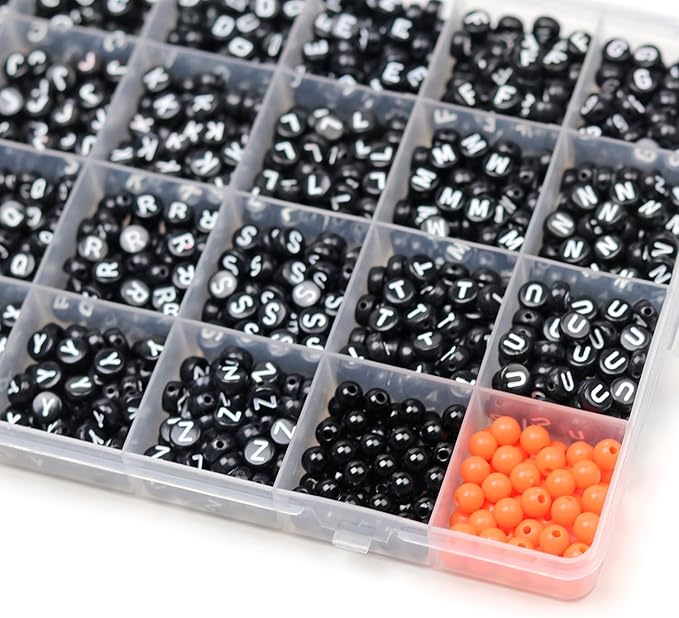 Melius Acrylic Black Letter Beads with Black and Orange Round Beads, 1450 Pcs Round Alphabet Beads in 28 Grid Box for Jewelry Making, DIY Friendship Bracelets, Necklaces, Key Chains