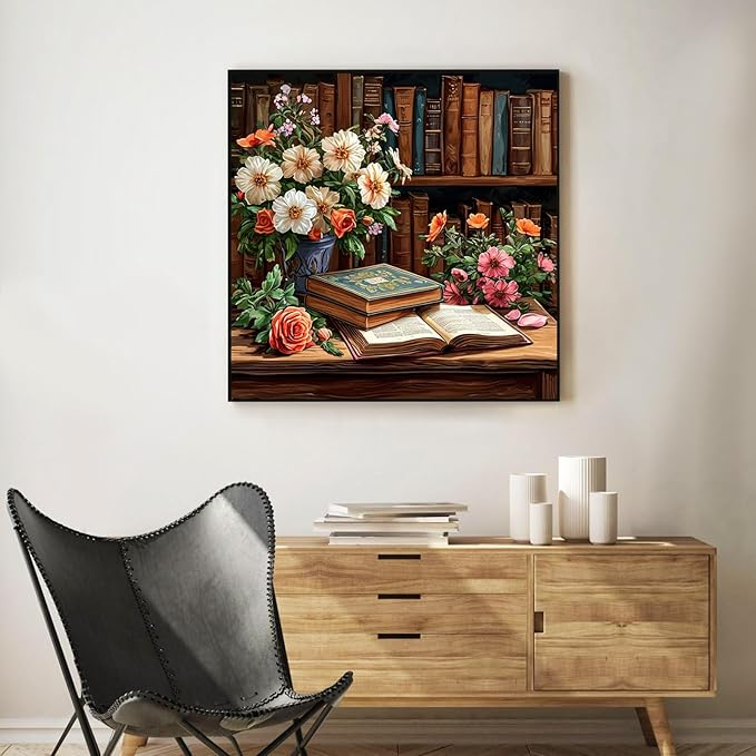 Paint by Numbers Kit for Adults Beginner Book, Adult Paint by Number Kits on Canvas, Bookshelf DIY Acrylic Oil Painting by Numbers for Adults, Flower for Home Wall Decor 16X16 Inch