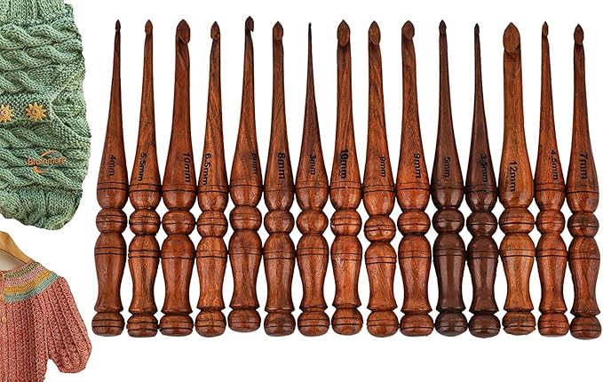 Bhartiya Handicrafts Wooden Crochet Hooks Set of 12 - Ergonomic Rosewood Knitting Needles with Engraved Design, Various Sizes (3.5mm to 12mm)