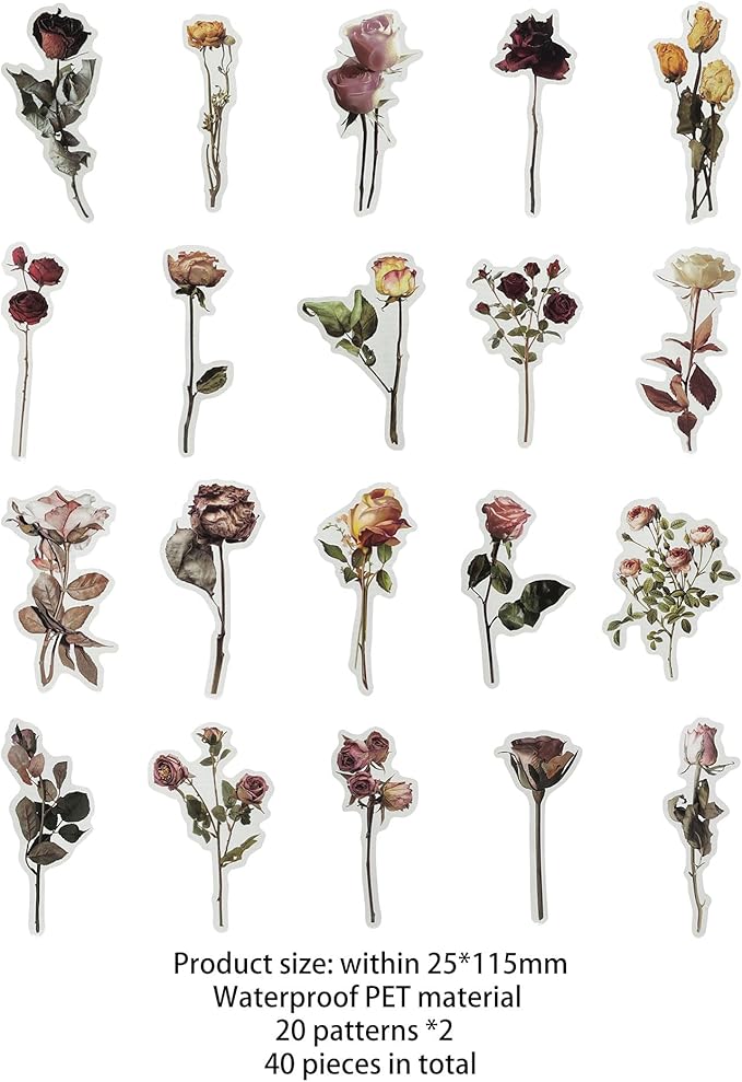 Brown Vintage Dried Roses Botanical Stickers, 40 PCS Aesthetic Stickers for Scrapbooking, Cottagecore Waterproof Vinyl Stickers for Bullet Junk Journal Planner Diary Album