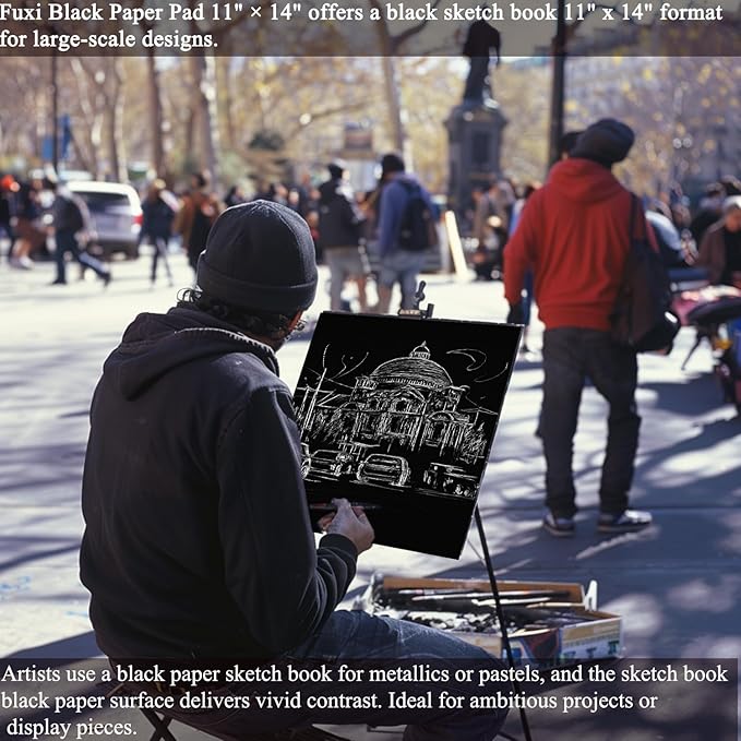 fuxi black sketchbook 11x14 inches, 60 sheets (90lb/150gsm), hard cover spiral bound | black paper pad for illustration & art class, professional artist sketch book for adults & students.