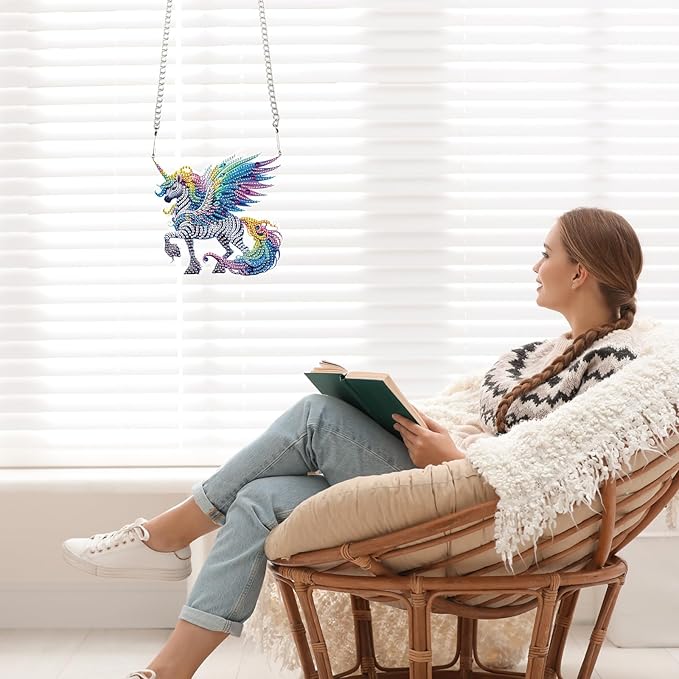 AiYuanzsh Unicorn Horse Diamond Painting Hanging Kit, 5D Special Shaped Rhinestones Acrylic Suncatcher DIY Diamond Art Kit for Adults, Rainbow Wings Ornament for Wall, Window, or Garden Decor