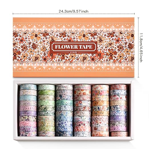 60 Rolls Flowers Theme Washi Tape Set with Different Colorful Patterns, Writable Decorative Tapes for Scrapbooking, Junk Journal Supplies, Bullet Journaling, 0.39'' x 79'' per Roll