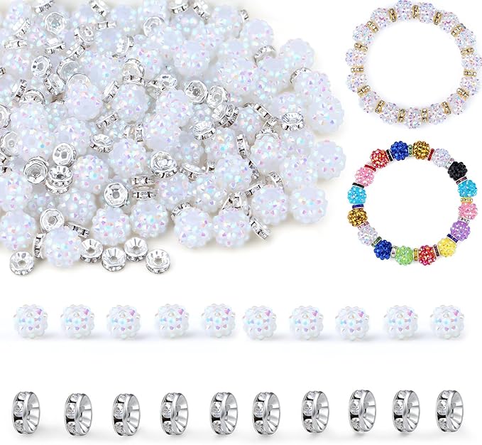 LAIDANLA 250pcs 12mm White Rhinestone Beads and 8mm Silver Rondelle Spacer Beads for Beadable Pens, Sparkly Shamballa Disco Baseball Bead for DIY Bracelets Necklaces Earring Craft