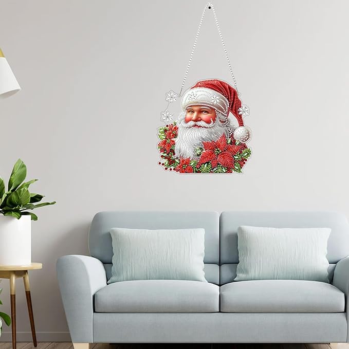 Christmas Santa Claus Diamond Art Hanging Kits for Adults, Diamond Painting Pendant Kits, DIY Acrylic 5D Special Shaped Crystal Diamonds Gem Art Painting Ornament for Home Wall Decor Gift