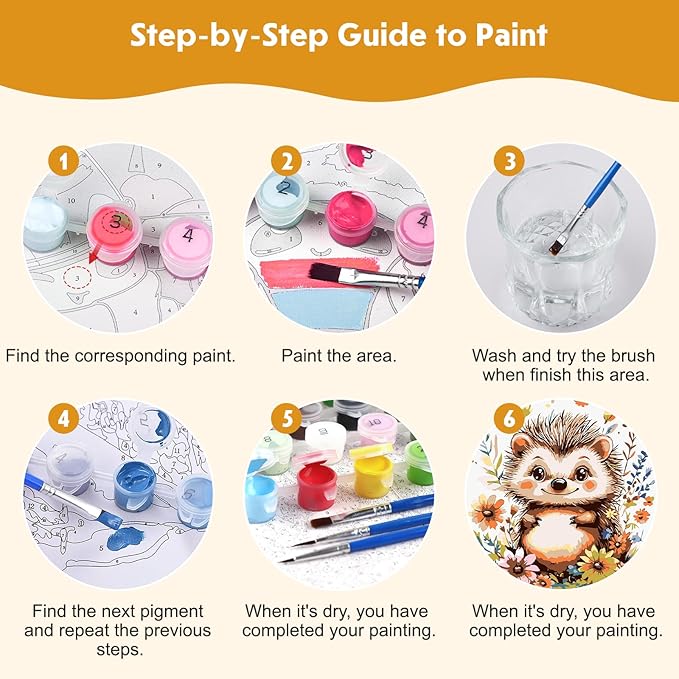 4 Pack Paint by Numbers Kit for Kids Beginner with Wooden Frame, Cute Giraffe, Owl, Fox, Hedgehog, Paint by Numbers Kit for Adults, Adorable Animal, DIY Painting Kits for Home Wall Decor 8x8 inch