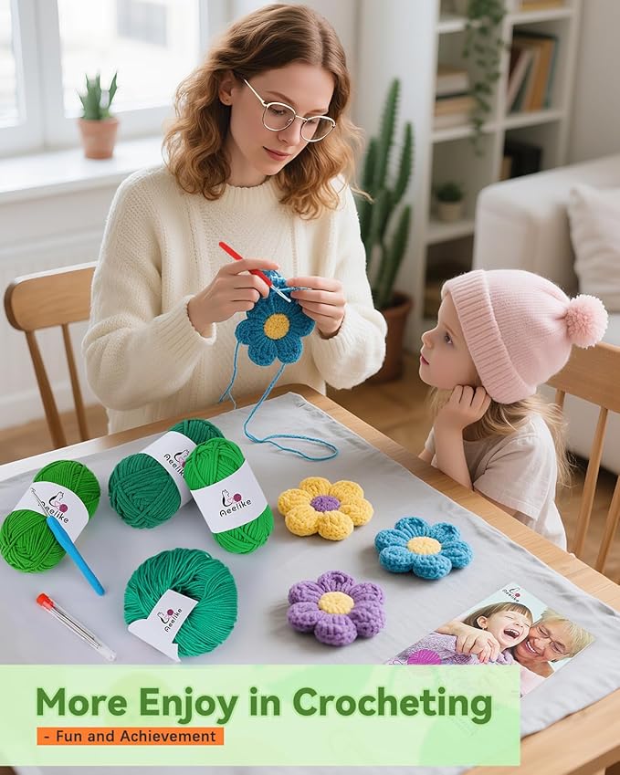 Aeelike Beginner Crochet Yarn Kit w 4 Different Materials Green Yarns (Polyester, Cotton, Acrylic, Milk Cotton,) & 2 Ergonomic Hooks (G&7), Ideal Starter Crochet Set for Beginners
