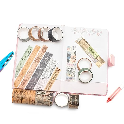 YUBX Vintage Washi Tape Set 10 Rolls Wide Decorative Antique Map Stamp Newspaper Masking Tapes for Arts, DIY Crafts, Journals