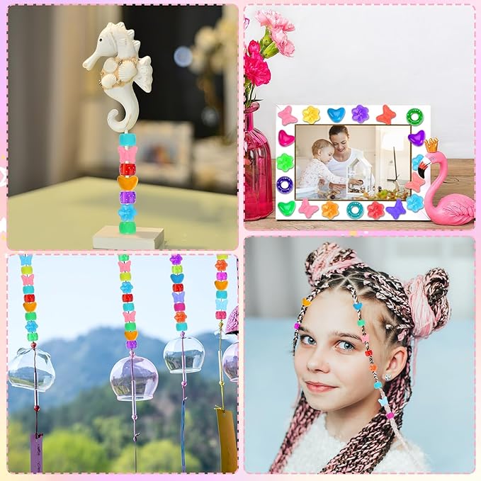 UPINS 1200 Pcs Colored Shaped Pony Beads -Large Perforated Assorted Heart Flower Star Butterfly Beads for Pipe Cleaners Friendship Bracelets Necklace for Classroom Crafts Screen-Free Fun for Kids