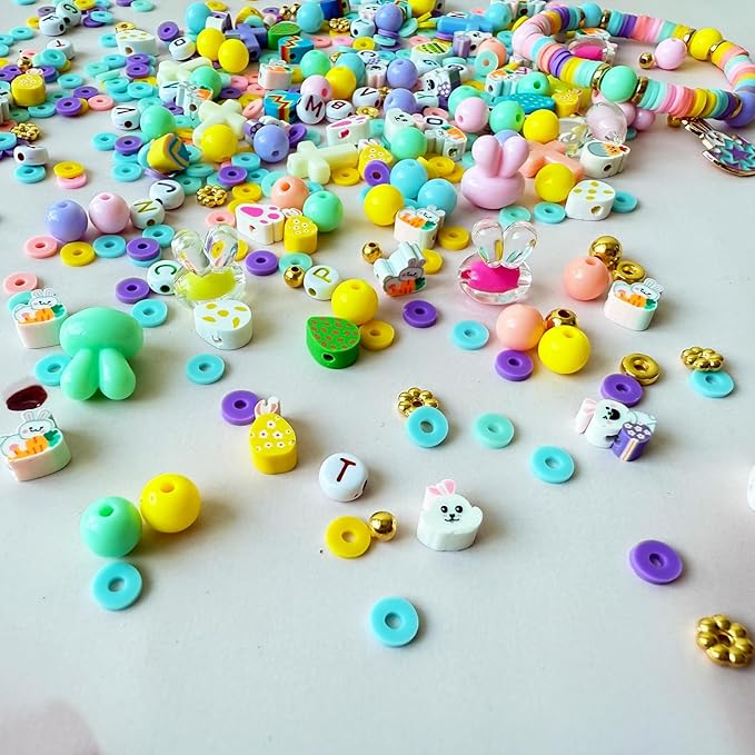 1955Pcs Easter Beads for Bracelets Jewelry Making Kit, Candy Color Assorted Spring Beads Easter Egg Bunny Clay Beads Cute Kawaii Pastel Beads with Easter Charm for DIY Crafts Necklace Earring Phone