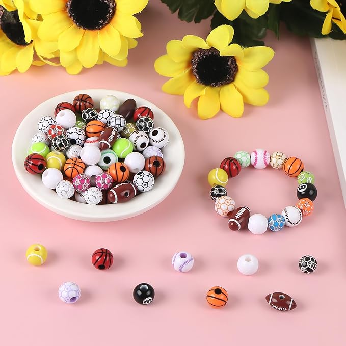 100 Pcs Sports Ball Beads Bulk with 5.5 Yard Elastic Rope,Acrylic Softball American Football Basketball Volleyball Baseball Tennis Beads for DIY Bracelet Necklace Keychain Jewelry Making Accessories