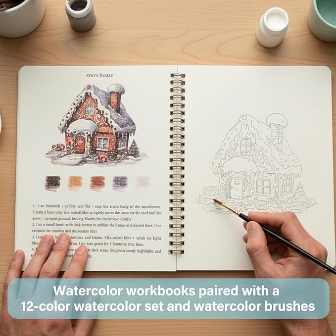 Watercolor Workbook, Water Coloring Book, Beginner-Friendly Watercolor Workbooks with 12 Colors Paint Set with Paint Brush, Suitable for Adult