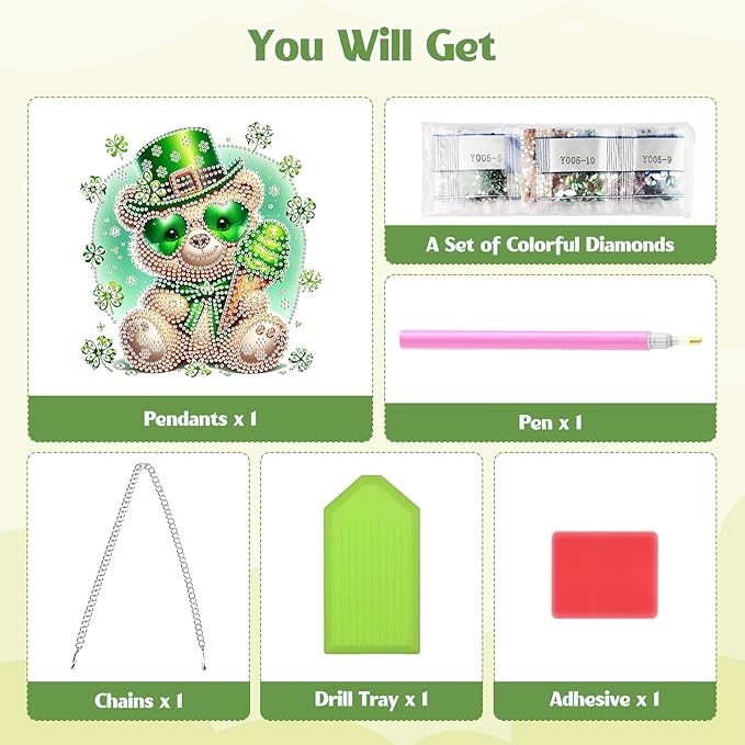 GHHKUD Bear Diamond Art Hanging Kit for Adults, DIY Double Sided Diamond Painting Hanging St.Patrick's Day, Special Shaped Acrylic Ornaments Pendants for Window Home Garden Wall