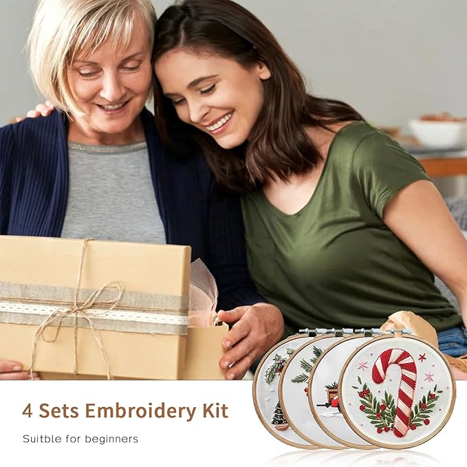 LB Christmas Embroidery Kit for Adults, 4Pc Christmas Embroidery Kits for Beginners with Red Truck, DIY Hand Cross Stitch Kit Holiday Gifts Ornaments Decorations