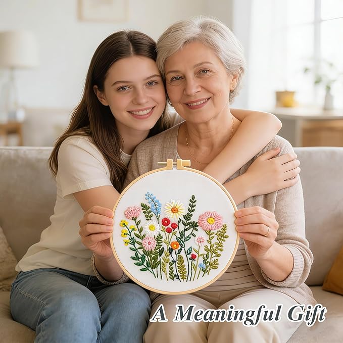 RIHYTFU 3 Pack Flower Embroidery Kits for Beginners, Adults Starter Cross Stitch Kit, DIY Sewing Needlepoint, Floral Plants Patterns Hand Stamped Embroidery Kits