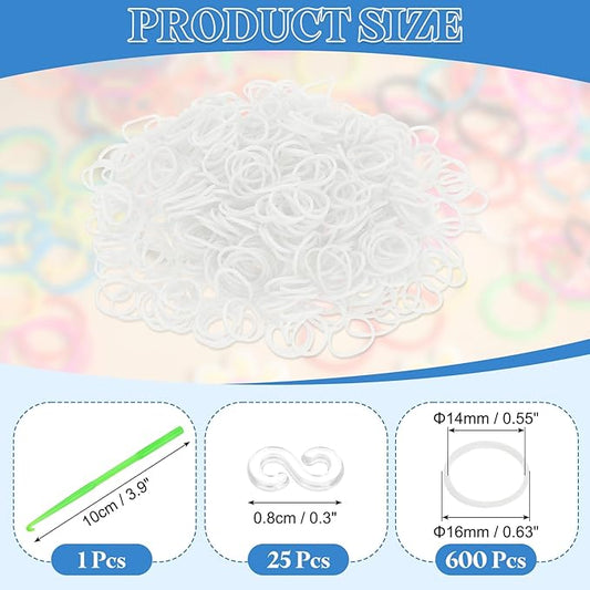 uxcell 600Pcs Loom Rubber Band, Bracelet Making Refill Kit Elastic Loom Band with 25Pcs S-Clips and 1Pcs Crochet Hooks for Weaving DIY Handcrafts, White