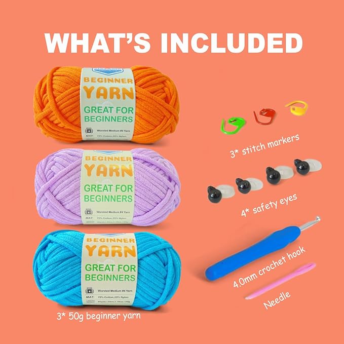 3 * 50g/1.76oz Yarn for Crocheting and Knitting, 3 * 60yds Beginner Yarn with Easy-to-See Stitches; Worsted-Weight Medium #4;Amigurumi-Friendly Crochet Kit(Blue+Orange+Purple)