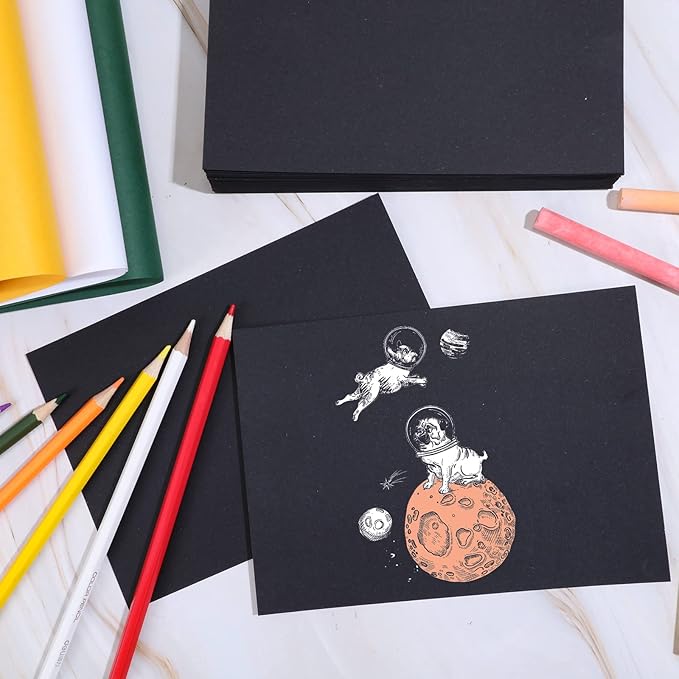 Crtiin 100 Sheets Black Sketch Drawing Paper Heavyweight 150 GSM /100 Lbs Artist Drawing Paper Sketchbook for Colored Pencil, Oil Pastel, Charcoal, Gel Pen, Chalk(6 x 9 Inches)