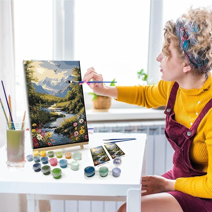 JOOZ Mountain Paint by Numbers for Adults with Easel Landscape Sunsets Paint by Numbers for Adults Beginners with Frame on Canvas,DIY Oil Painting on Acrylic for Home Wall Art Decor 7.87x11.81 Inch