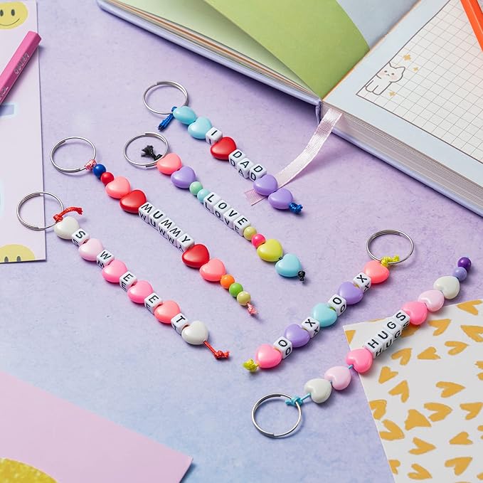 WATINC 286Pcs DIY Keychain Making Crafts Kits Adjustable Letter Heart 6mm Pony Transparent Beads Key Ring Bag Charm Bracelet Supplies Jewelry Accessories Holiday Party Favor for Women Men (Black)