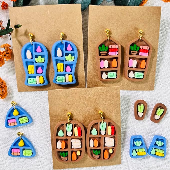 Xaekicr 20pcs Polymer Clay Cutters Display Shelf Set – Miniature Clay Cutters for Polymer Clay Jewelry, Bookshelf Earring Molds with Bottles, Pots and Bowls, Clay Tools for DIY Accessories