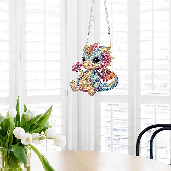 Cute Dragon Diamond Art Kits for Adults Hanging Sign, Special Shaped Diamond Painting Pendant Suncatcher, DIY 5D Crystal Rhinestone Dragon Diamond Art Ornament for Wall Door Window Home Decoration