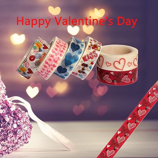6 Rolls Heart Washi Tape Set, Sweet Heart Washi Masking Tape, 0.6 x 23ft Decorative Washi Tape for Scrapbooking, Valentine's Day Wedding Anniversary