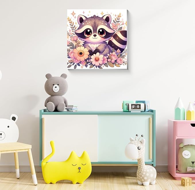 Reivworl Paint by Numbers Kit for Kids with Frame and Easel, Raccoon Paint by Number for Kids Age 6-8-12, Acrylic Paint by Numbers for Gifts and Home Decor (8X8 inch)