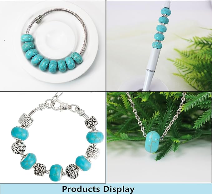 PAMIR TONG Turquoise Large Hole Beads for Jewelry Making - 100pcs 14mm European Gemstone Howlite Rondelle Spacer Big Craft Beads for Pens, Bracelets
