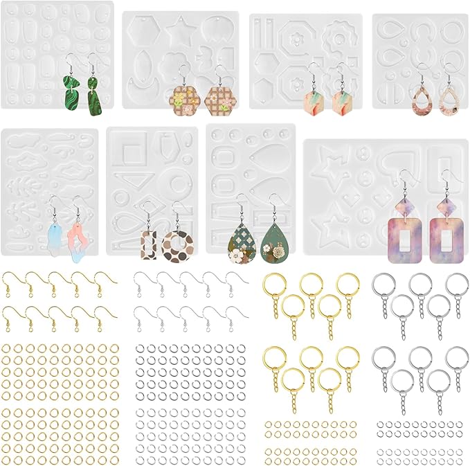 RESIN GO Epoxy Resin Earring Molds, 328 PCs UV Resin Jewelry Molds Kit with Holes, Variety Shapes Keychain Pendant Necklace Bundle Complete Set Clearance, Silicone Molds for Teen Female