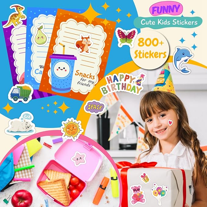 karslora 36 sheets stickers for kids, 800+ stickers for scrapbooking including animals, fruits, dinosaurs, hearts, cats, fish, cars, space and more, party favors for kids