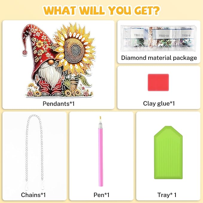 Bowetile Gnome Diamond Art Hanging Kits for Adults, 5D Special Shape Diamond Painting Sunflowers Pendant Kits, Gem Art Suncatchers Painting Window Ornament for Home Garden Wall Decor