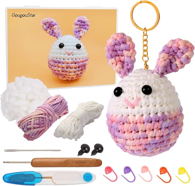GougouStar Crochet Kit for Beginners, Animal Crochet Kits, Knitting Kit with Step-by-Step Video Tutorials and Crochet Accessories - Amigurumi Beginner Crochet Kit (Bunny)