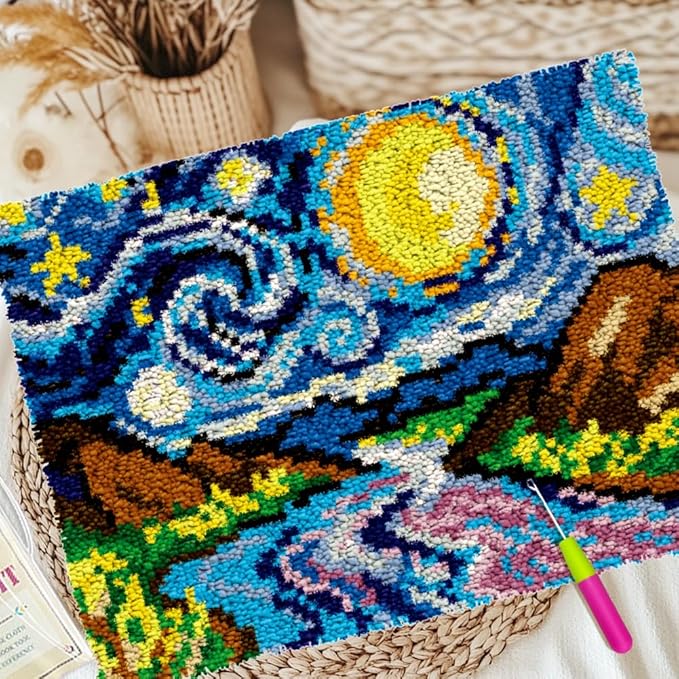 ORIGACH Starry Night Sky Latch Hook Rug Kit for Adults Printed Rug Making Kit Handmade Carpet Tapestry Cover with Hook Latch and Preprinted Canvas, Home Arts Crafts Sofa Decor, 20.5x15inch