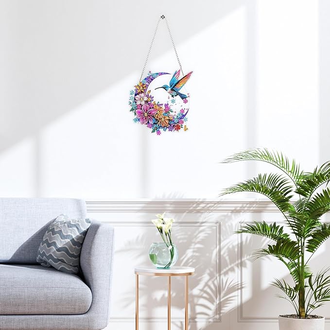 QENSPE Hummingbird Diamond Art Hanging Kits for Adults, 5D Moon & Flowers Special Shape Diamond Paingting Ornaments with Chain, DIY Crystal Window Pendants for Home Wall Decor Double Sided 8X8 inch