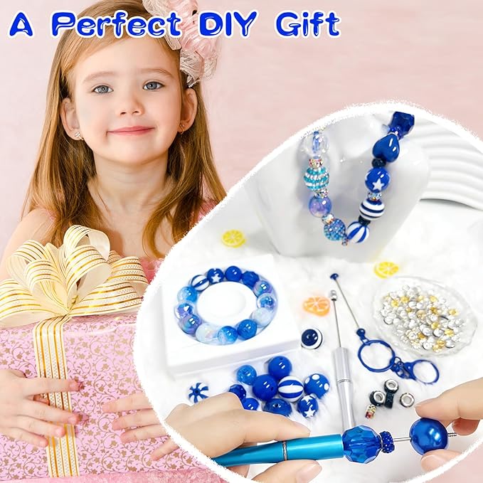 163 Pcs Pen Beads for Beadable Pens: Bubblegum Beads for Pen Making Bulk with Spacer Bead Rhinestone Bead (Royal Blue)