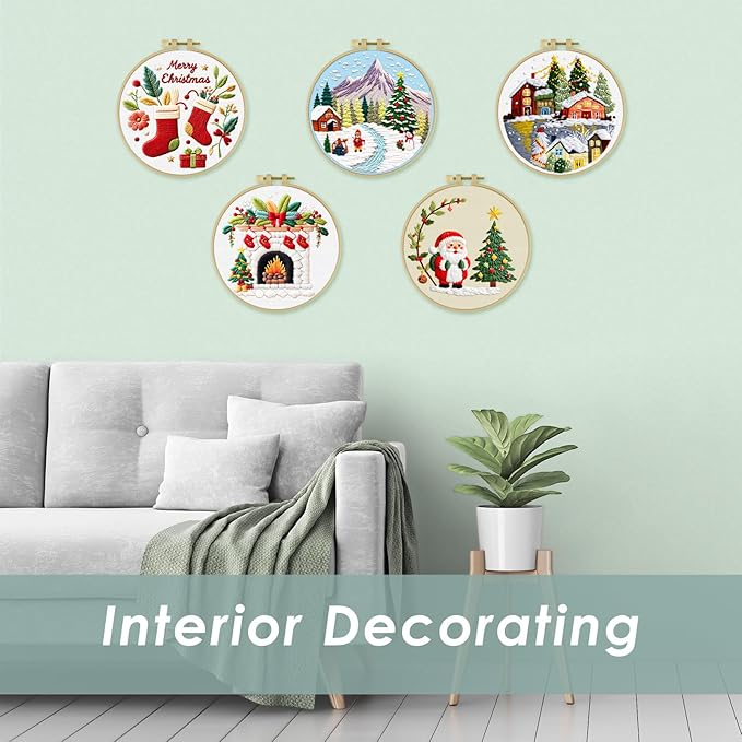 ERKOON Embroidery Kit for Beginners, 5 Sets Christmas Cross Stitch Set for Adults Include Embroidery Cloth Hoops Threads for Craft Lover Hand Stitch with Skill Techniques (Christmas#1)