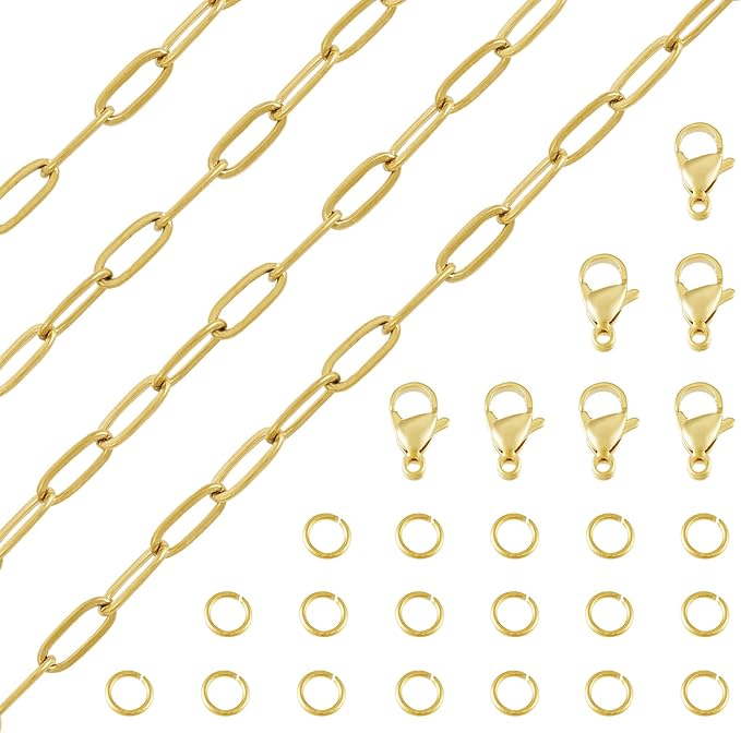 Pandahall 16.4 Ft 18K Gold Plated Paperclip Chains Stainless Steel Chains 9.7x4.2x1mm Gold Link Chains Kits with Lobster Clasps Jump Rings for DIY Bracelet Necklace Jewelry Making