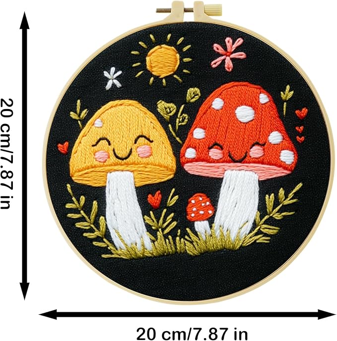 57lilina embroidery kit for beginners, pack of 3 with hoops, threads, needles - starter cross stitch supplies for adults, gift for relaxation craft lovers, mushroom theme