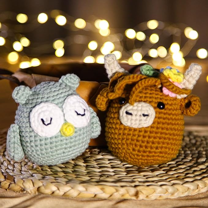 CrochetBox Crochet Kit for Beginner, Highland Cow and Owl Learn How to Crochet Stuffed Animals Gift for Adults and Teen(), Knitting Set with Yarn Hook Stitch-by-Stitch Video Tutorial