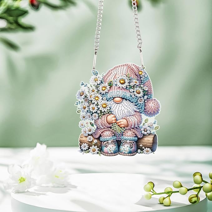 DIY 5D Diamond Painting Hanging Ornament Gnome with Daisy Flowers, Floral Crystal Rhinestone Diamond Art Pendant for Home, Wall, Window, Garden, and Gift