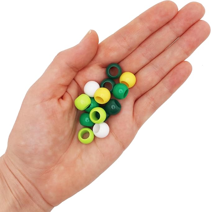 300 green and yellow acrylic large hole beads for crafts and for hair 10mm x 12mm acrylic barrel beads with 5.7mm large hole, st. patrick's day assortment