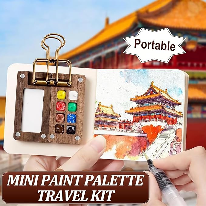 Mini Watercolor Paint Set,12 color Paints, 8 Grids Portable Wooden Travel Palette, Sketchbook & Copper Clip, Metal Clip –For Beginners, Artists & Painting Enthusiasts