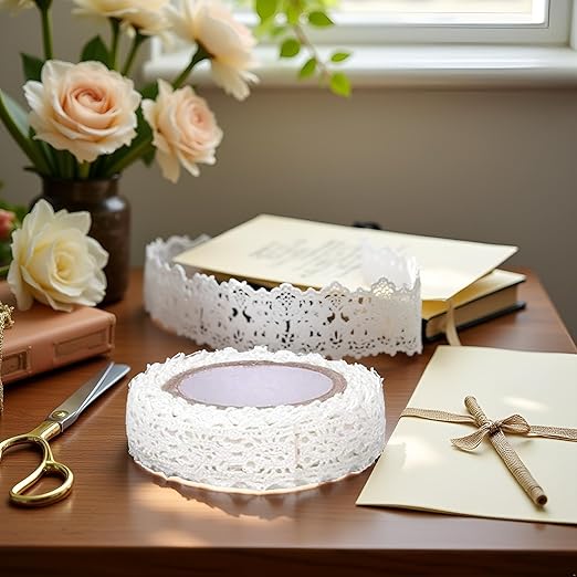 1 Roll 1.7m White Trim Ribbon Tape Self-Adhesive Decorative Lace Fabric Washi Tapes Striping Masking Tapes Decorative Sticker White Durability Lace Washi Tape,Arts and Crafts Tape