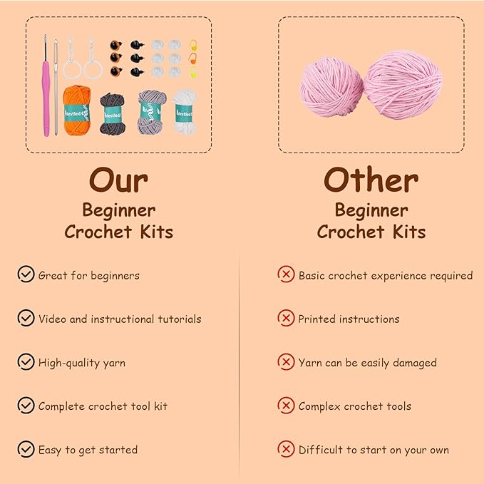 Vanttokeey Crochet Kit for Beginners, Animal Amigurumi Crochet Kits Included, Step-by-Step Video Tutorials, Beginner Crochet Kit for Adults and Kids, Crocheting Starter Set (Foxy)