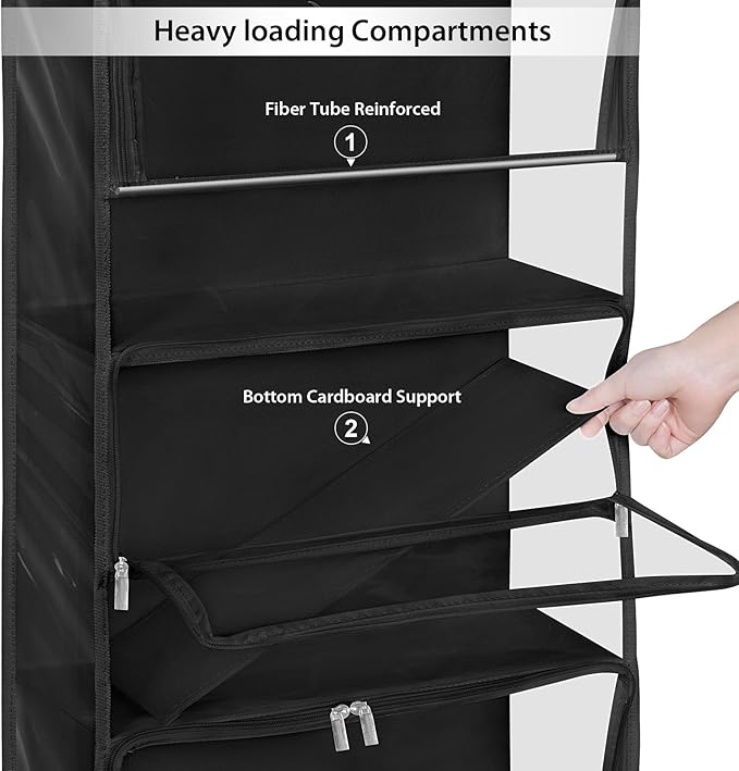 KEEGH Hanging Yarn Storage Organizer with 6 Zipper Closure Compartments, Large Capacity Crochet Storage Organizer, Over the Door Yarn Holder for Knitting Needles, Crochet Hooks, Clear Black