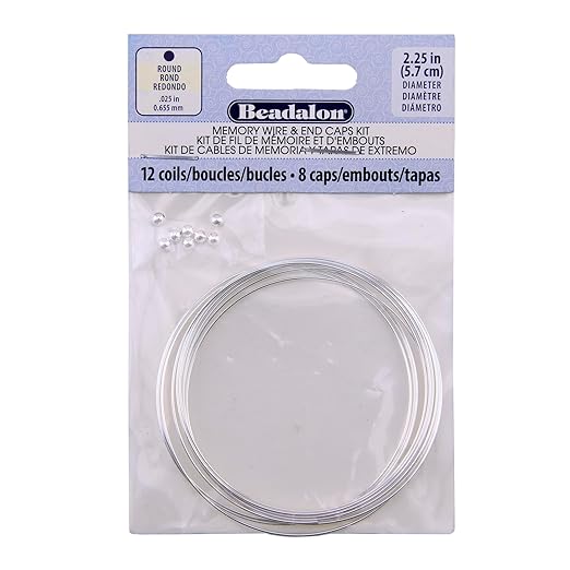 Beadalon Carbon Steel Memory Wire Kit, Round, Silver Plated Large Bracelet, Approx. 12 coils, Silver Plated 3 mm Memory Wire End Caps, 8 pc